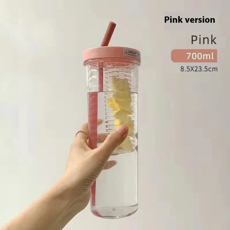 Hot Plastic Water Bottle with Straw Fruit Infuser Tea Juice Cup Fitness Outdoor Travel Bottles Kettle Transparent Straw Cup yuzi
