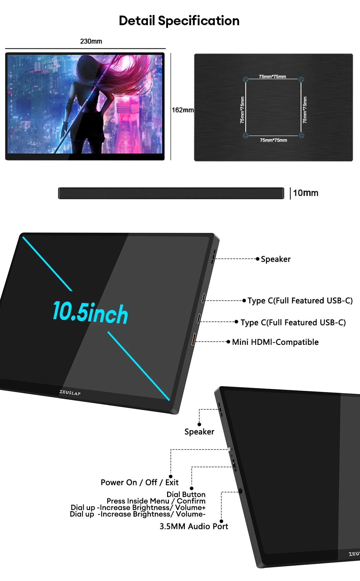 ZEUSLAP 10.5inch 1920*1280P FHD 100% sRGB IPS Screen Display Touch Portable Sub Monitor for Switch,PS5,Raspberry Pi,Laptop