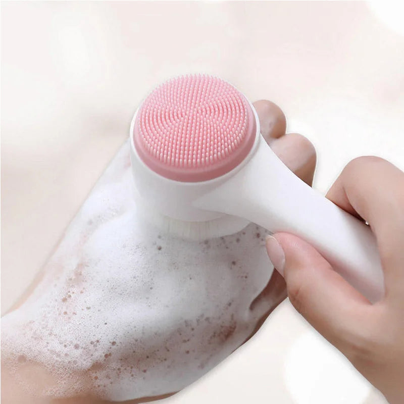3D double-sided silicone facial cleansing brush with soft bristles for manual exfoliation and massage