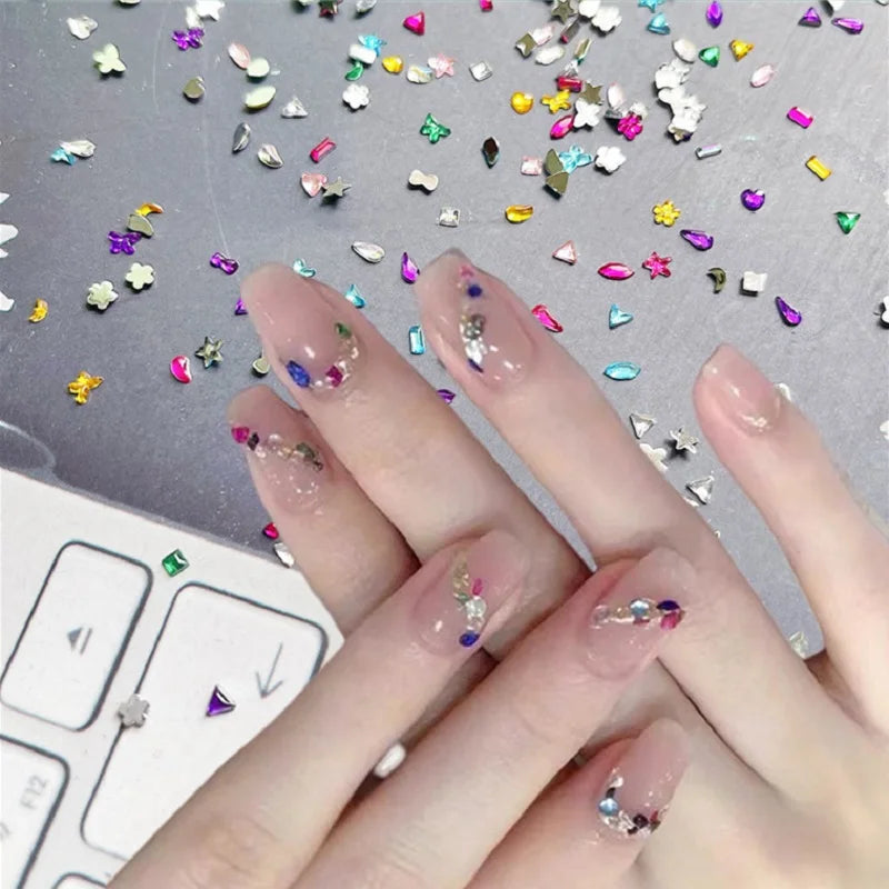 300/100pcs Mini Nail Art Rhinestones Crystal Acrylic Flatback Diamonds Mixed Shape Sparkle DIY Nail Luxury Manicure Accessories