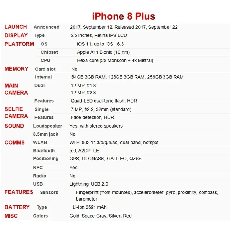 Apple iphone 8 plus ios 5.5 inch 256GB ROM All Colours in Good Condition Original used phone