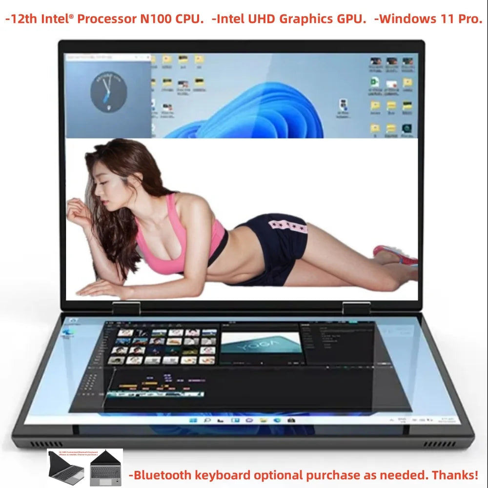 14 inch+14inch touch Dual Screen Laptop Intel N100 Processor Gaming Laptop DDR4 16GB 1TB SSD Notebook Computer