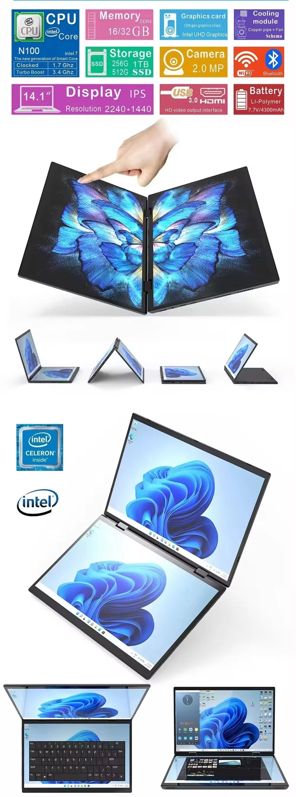 14 inch+14inch touch Dual Screen Laptop Intel N100 Processor Gaming Laptop DDR4 16GB 1TB SSD Notebook Computer