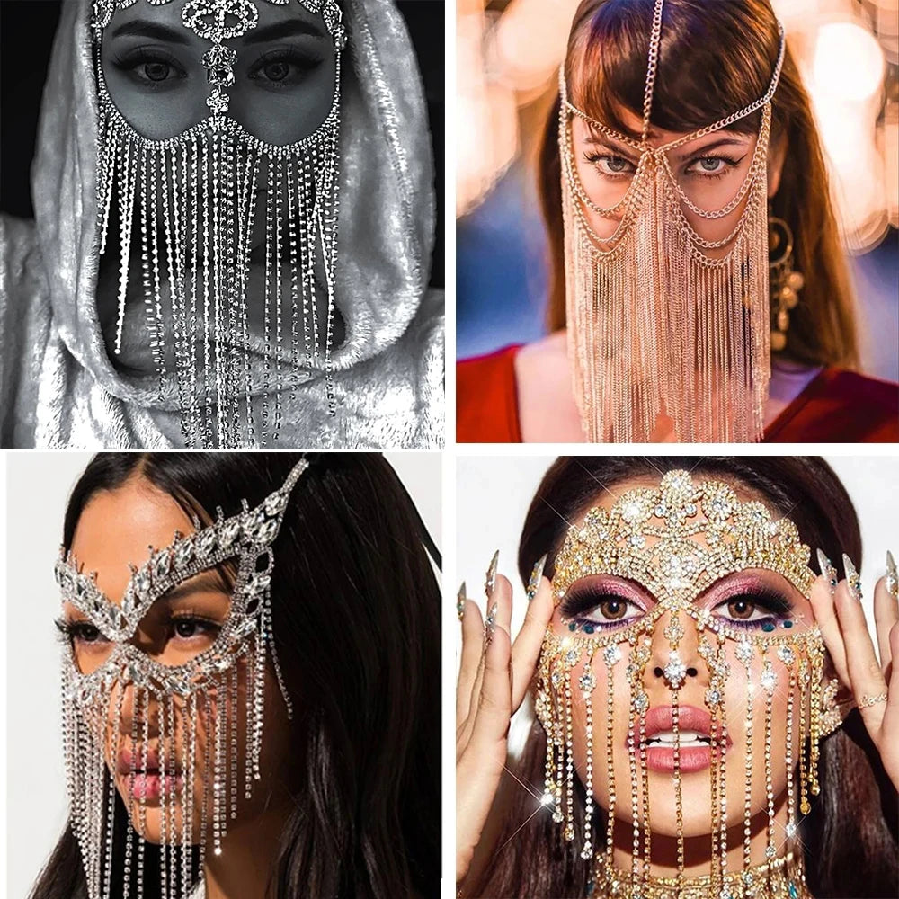 Indian tassel rhinestone veil face mask for women masquerade dance party and banquet decoration
