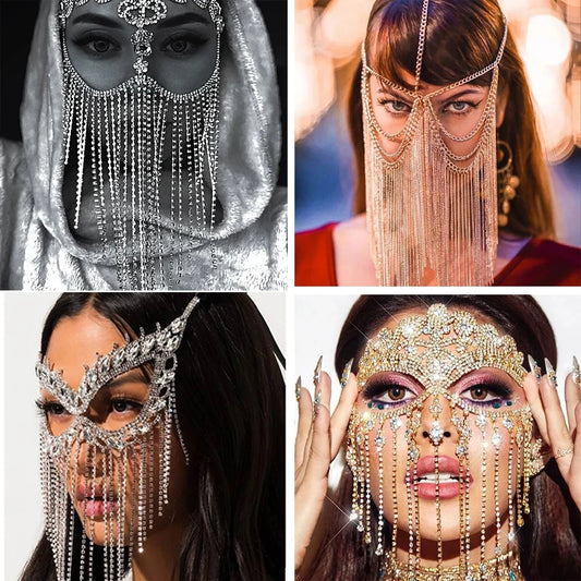 Indian tassel rhinestone veil face mask for women masquerade dance party and banquet decoration
