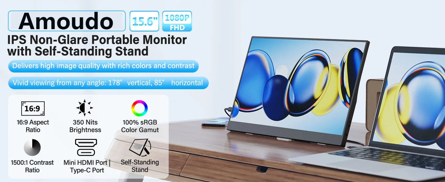 Amoudo 15.6 Inch Portable Monitor 1920x1080P  Extend Display IPS LCD Panel Penhole Stand VESA USBC Mini HDMI Mobile Display