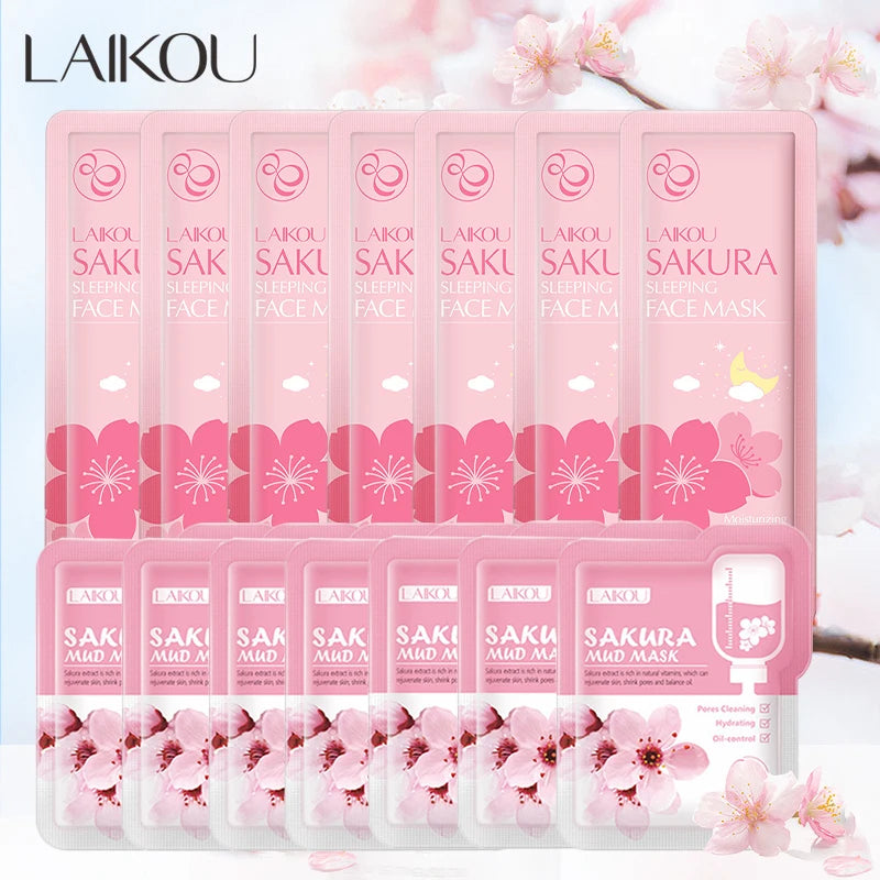 14-piece Sakura mud face mask and sleeping mask set for anti-aging moisturizing and dark circle reduction
