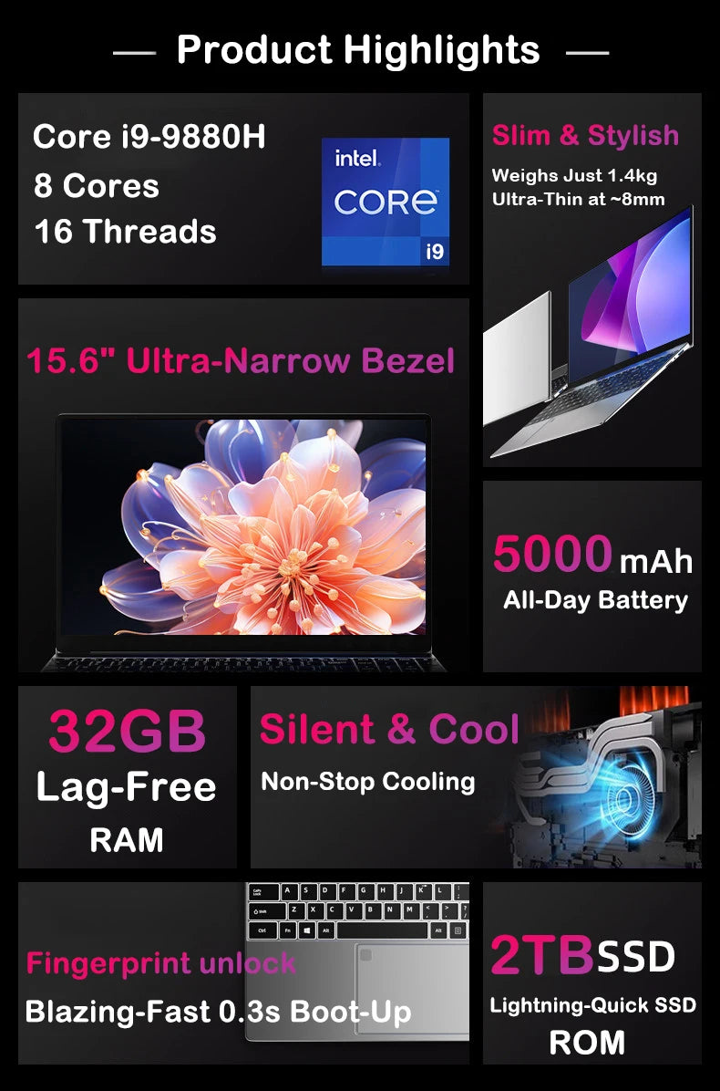 LENO NEW 15.6" Laptop Intel Core i9-9900 32GB 2TB Windows 11 Gaming Computer PC Gamer office Ultra Slim Notebook 1920*1080 HD