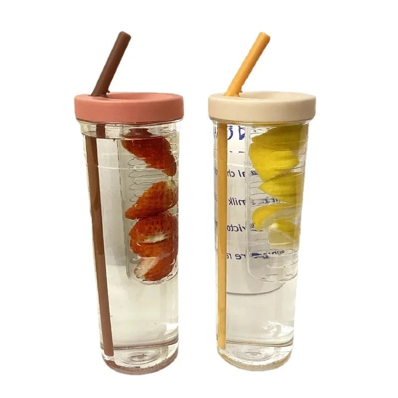 Hot Plastic Water Bottle with Straw Fruit Infuser Tea Juice Cup Fitness Outdoor Travel Bottles Kettle Transparent Straw Cup yuzi