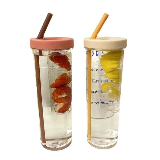 Hot Plastic Water Bottle with Straw Fruit Infuser Tea Juice Cup Fitness Outdoor Travel Bottles Kettle Transparent Straw Cup yuzi