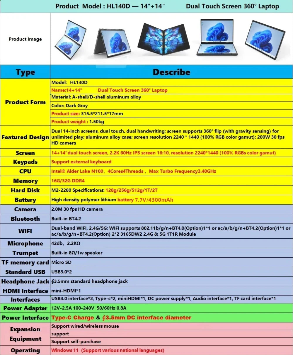 14 inch+14inch touch Dual Screen Laptop Intel N100 Processor Gaming Laptop DDR4 16GB 1TB SSD Notebook Computer