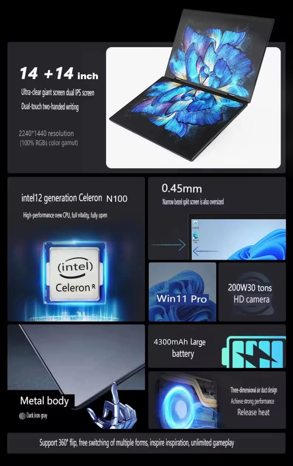 14 inch+14inch touch Dual Screen Laptop Intel N100 Processor Gaming Laptop DDR4 16GB 1TB SSD Notebook Computer