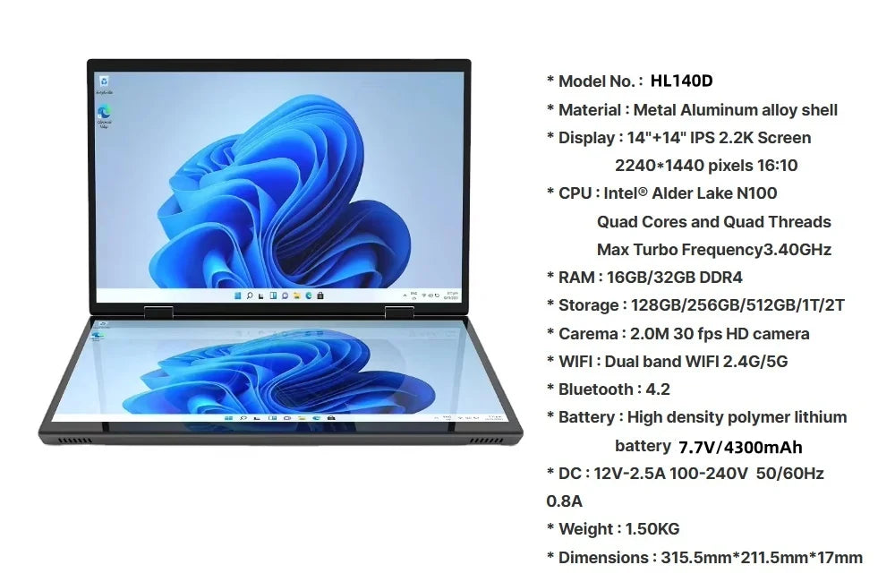 14 inch+14inch touch Dual Screen Laptop Intel N100 Processor Gaming Laptop DDR4 16GB 1TB SSD Notebook Computer